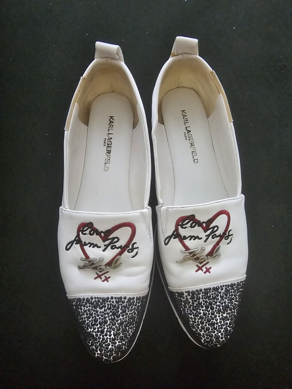Karl Lagerfeld White 'Love from Paris' Embellished Slip-On Flats